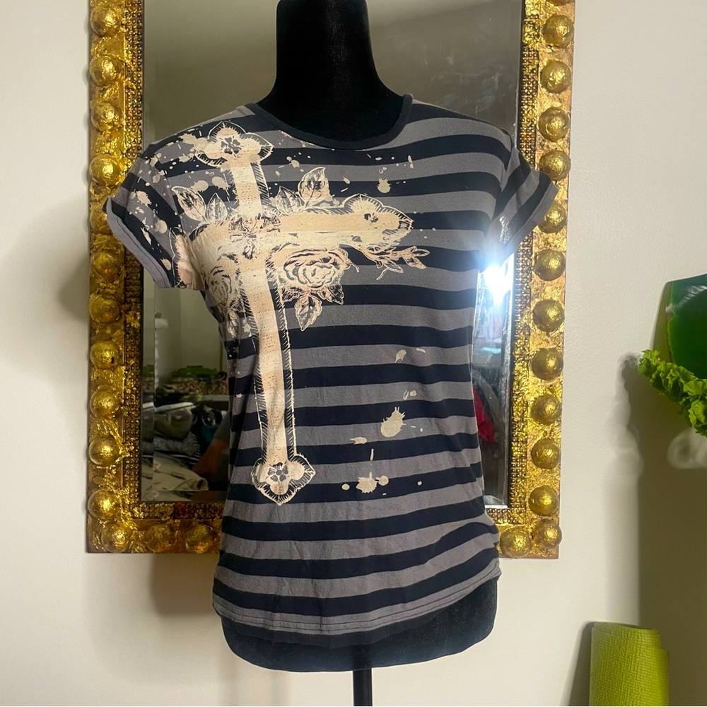 Women's Striped Cross Striped Short Sleeves Gray Black Graphic T-shirt Multi